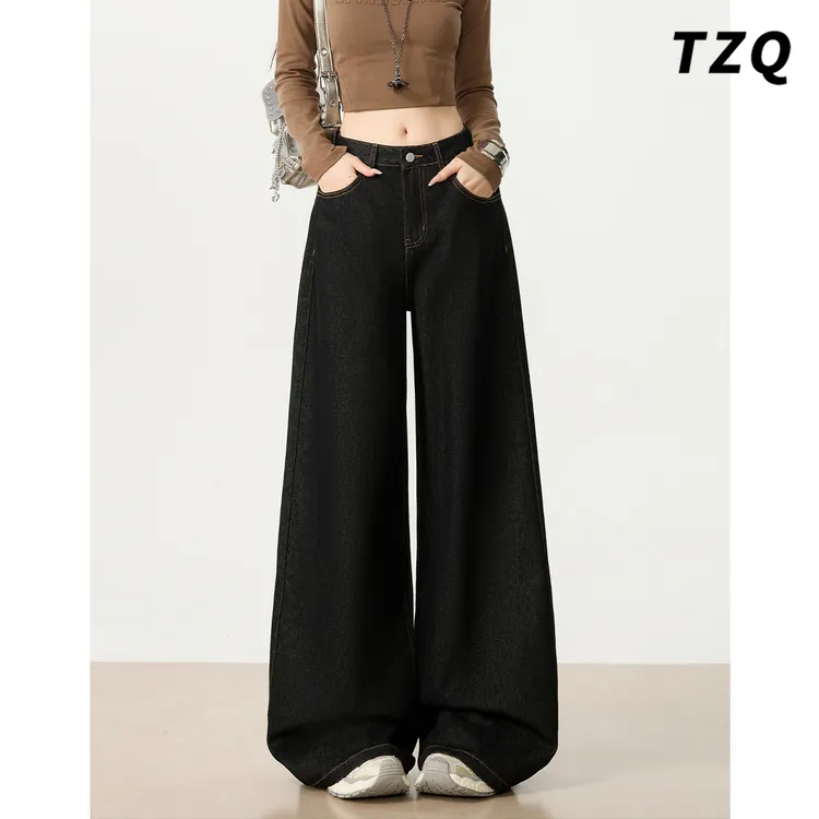黑茶色高腰阔腿牛仔裤女款秋冬季宽松显瘦薄绒拖地裤TZQ25110455