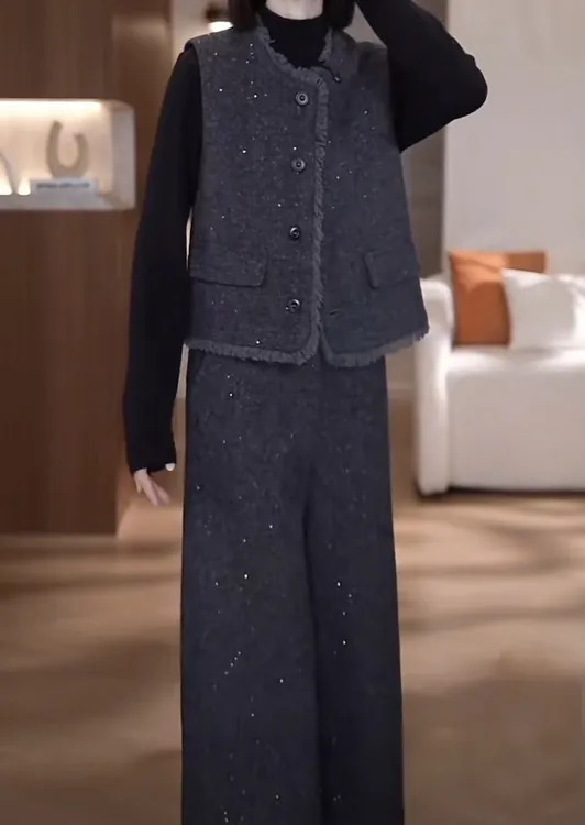 休闲风百搭阔腿裤网红加厚时尚套装秋冬休闲黑色设计师