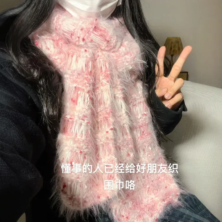 百搭手编渐变色围脖手混彩虹糖豆豆毛线围巾手工diy编织情侣礼物