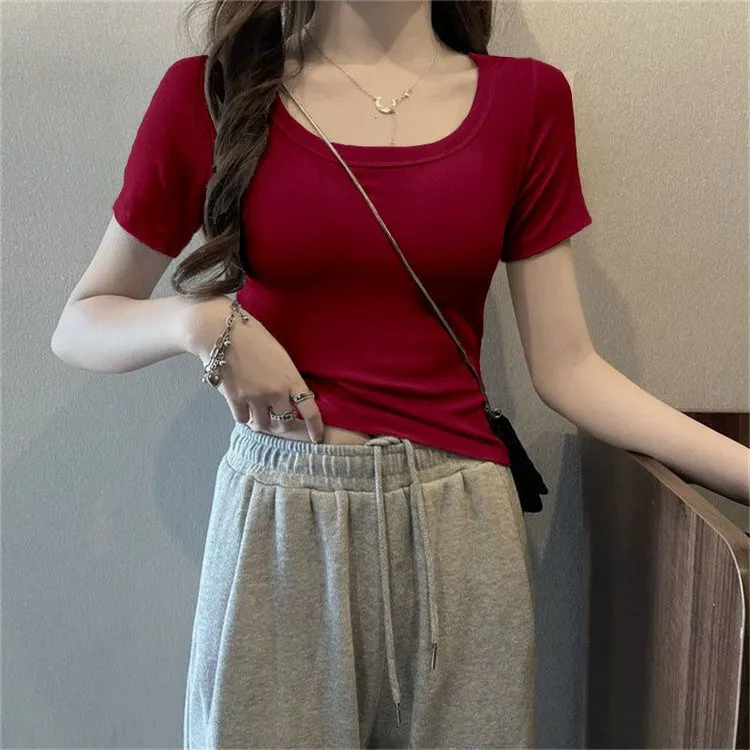 528#夏季螺纹棉短袖T恤女纯色U领弹力修身显瘦百搭锁骨辣妹上衣