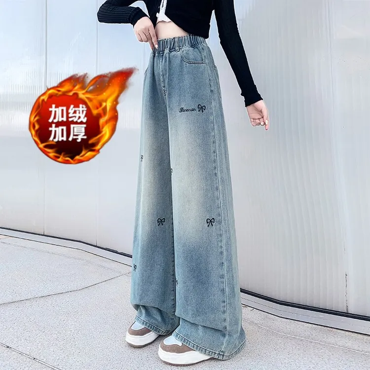 2025新款加绒加厚阔腿牛仔裤子大码秋冬刺绣蝴蝶结宽松显瘦直筒裤