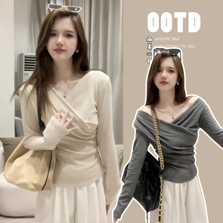 早秋新款设计感交叉褶皱修身显瘦长袖T恤内搭打底衫女