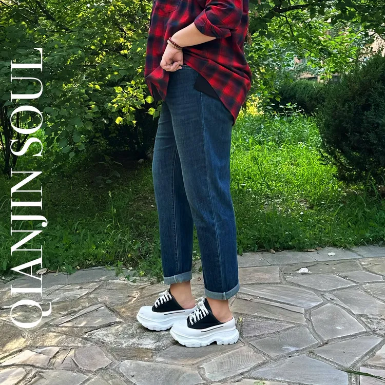 芊金SOUL大码女装 休闲宽松显瘦百搭高弹高腰牛仔裤老爹裤 P6633