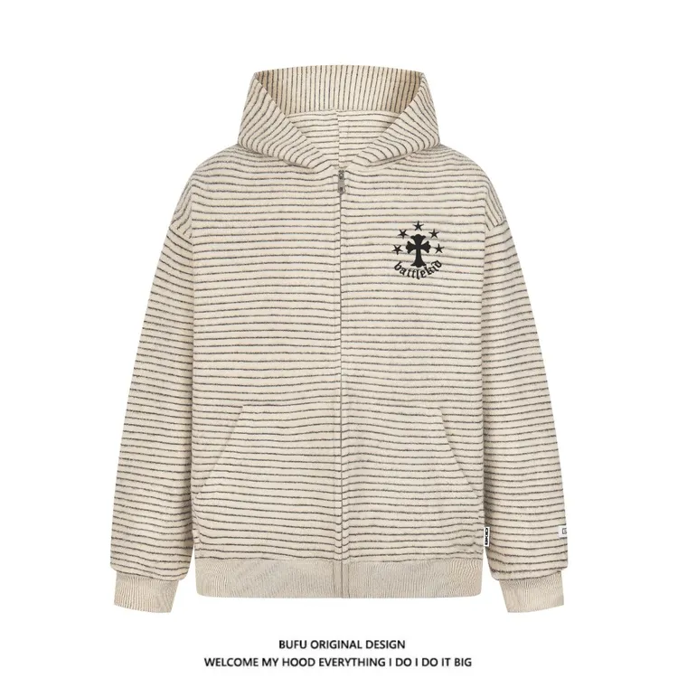 【官方店】亿万少年BUFU毛呢条纹连帽卫衣外套男女秋季情侣宽松上衣