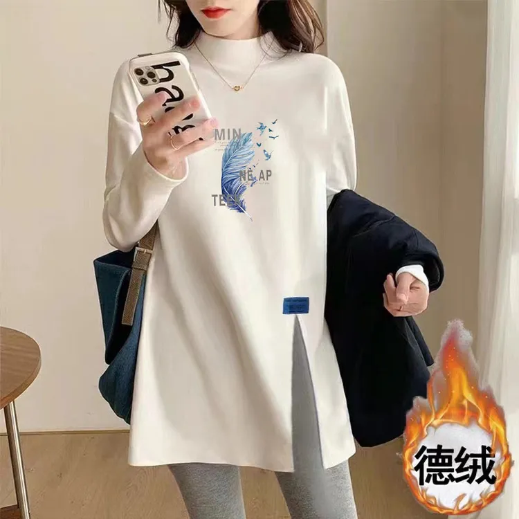 ANY大码德绒长袖中长款宽松休闲心形半高领T恤加厚宽松长袖打底衫