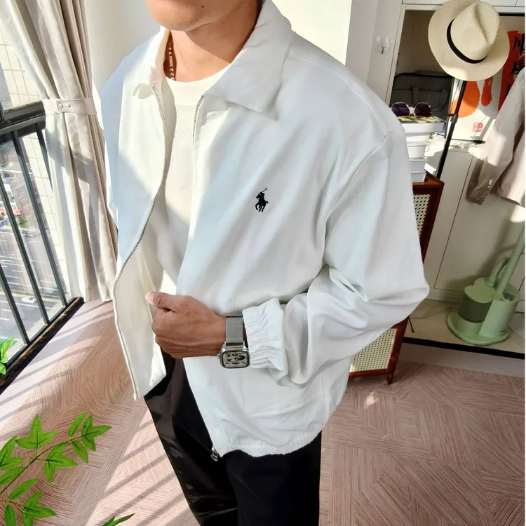  美式复古骑士刺绣翻领外套男秋季纯色百搭气质感通勤老钱风夹克