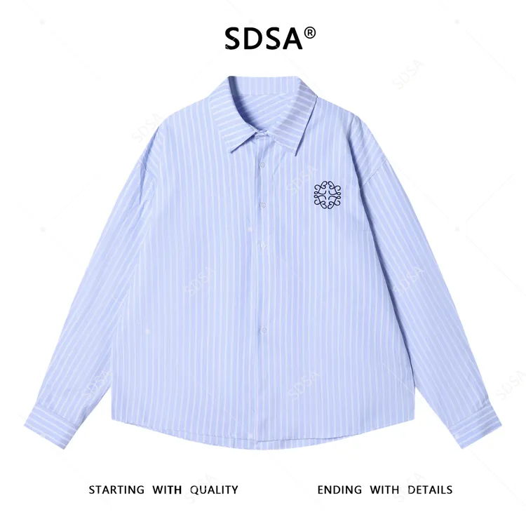 SDSA男士秋冬新款痞帅男装简约竖纹刺绣翻领长袖衬衫百搭宽松衬衣