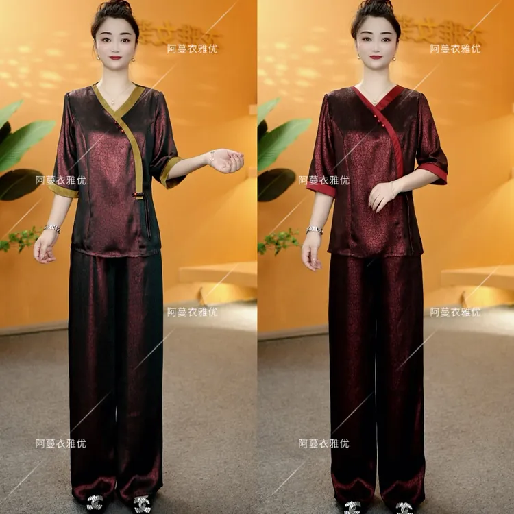 【衣雅严选】8135-1804新款高定重磅珠光幻彩琉璃缎上衣+裤子两件