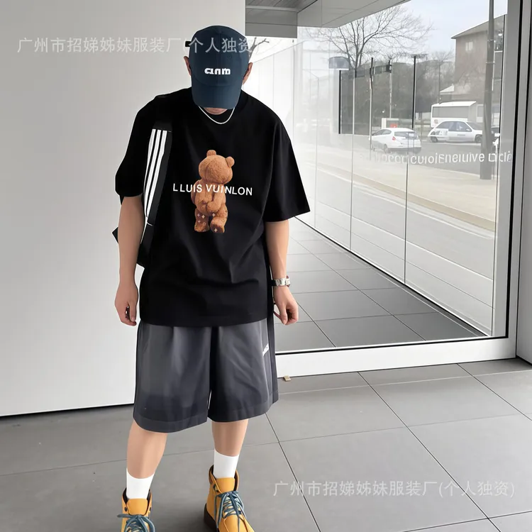驴家夏季新款小熊卡通字母印花L家高版本潮牌短袖男女宽松休闲T恤