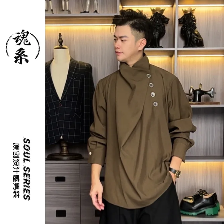 [魂系]秋季新中式斜扣领长袖衬衫四扣设计感秋冬衬衣ins2C79032