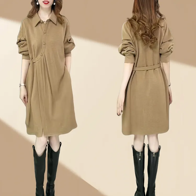 2026春季新款时尚显瘦中长款休闲连衣裙气质打底百搭长袖设计感裙