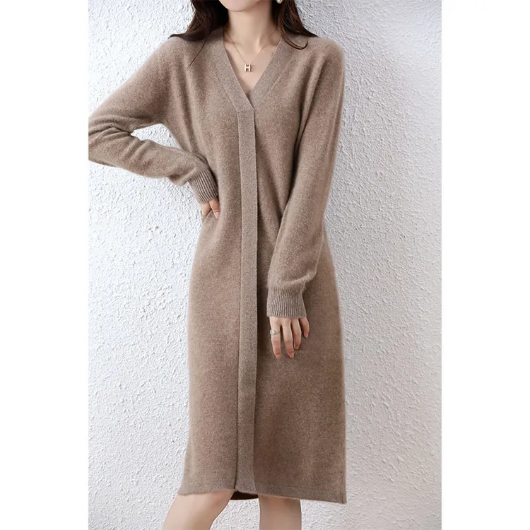 2024秋冬新品V字领长袖套头纯羊毛长款针织裙中间长条针织连衣裙