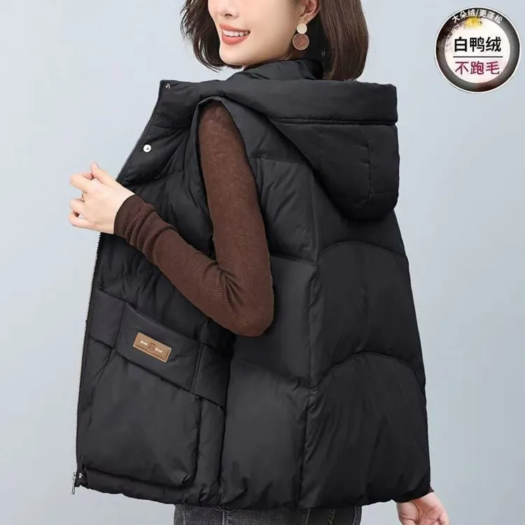 高档羽绒马甲女外穿2025新款宽松加厚白鸭绒坎肩洋气连帽背心外套