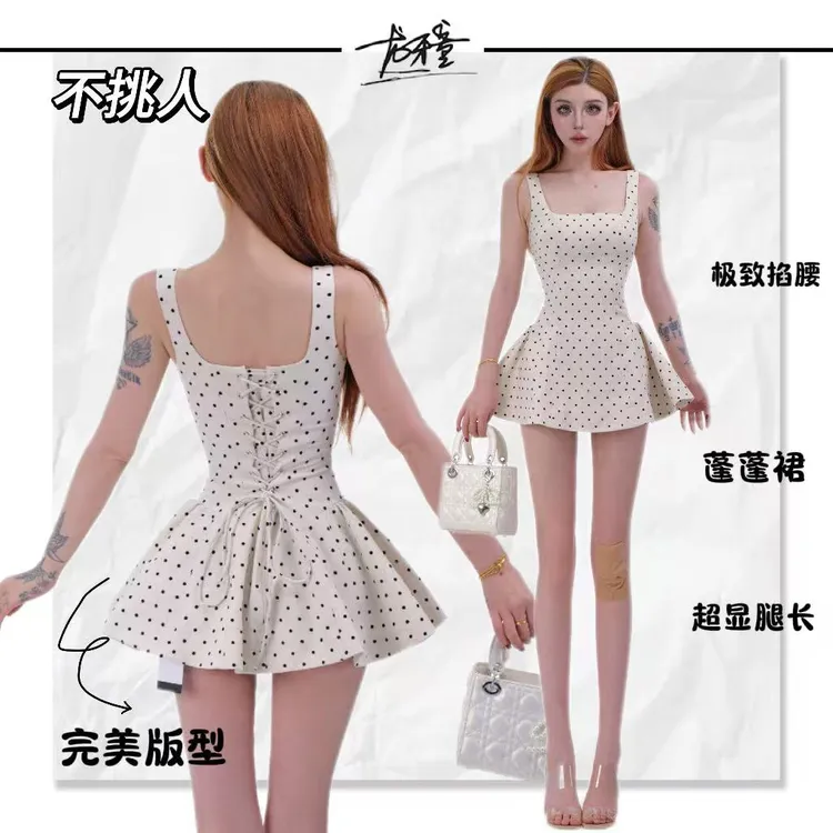 龙牙童推荐【波点天菜】夏季波点无袖碎花法式公主连衣裙印花超短裤