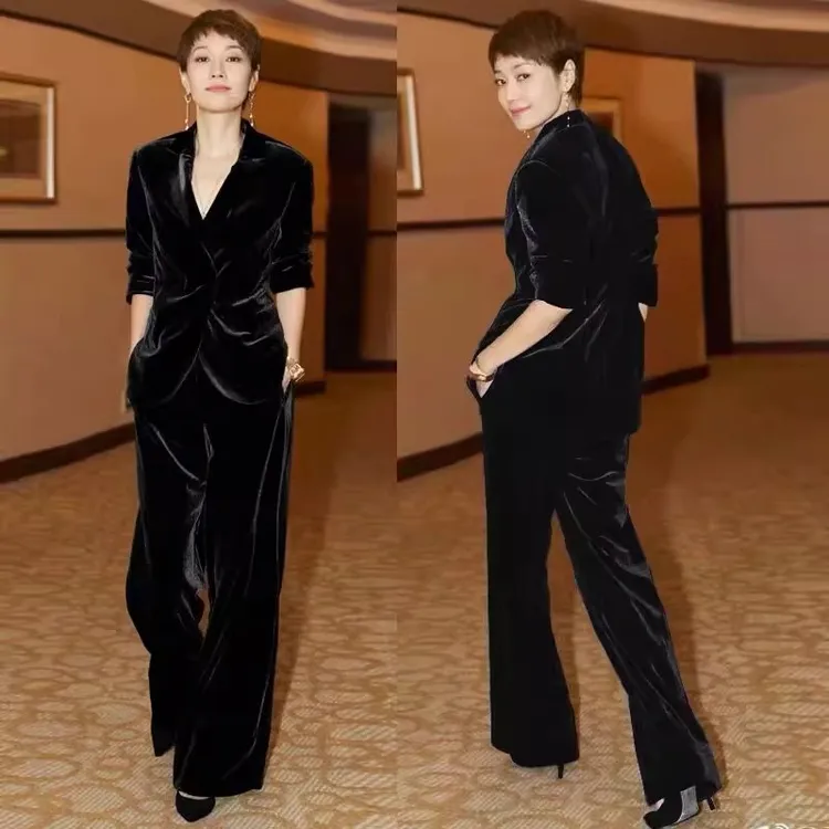 大码高级感明星同款秋冬新款金丝绒套装女胖mm高端气质西装两件套
