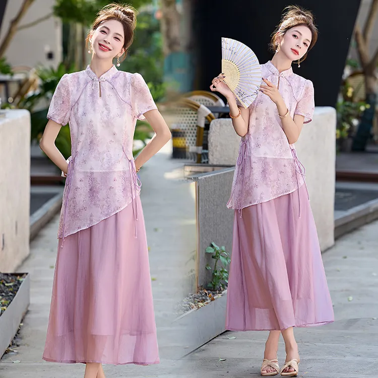 新中式国风套装裙女夏2025新款高端气质印花旗袍衬衫半身裙两件套