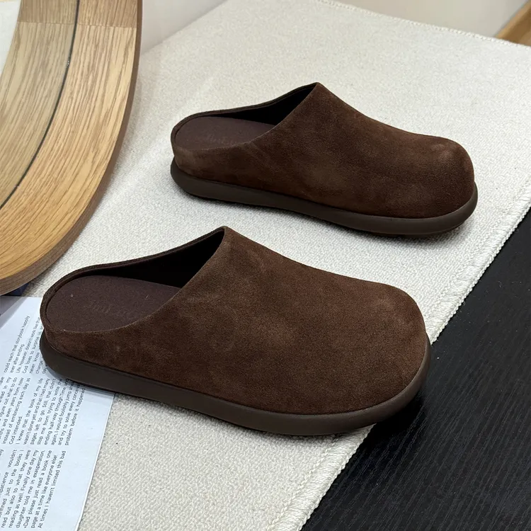 真皮时髦慵懒风外穿厚底勃肯鞋女2025新款秋季内增高丑萌包头半拖