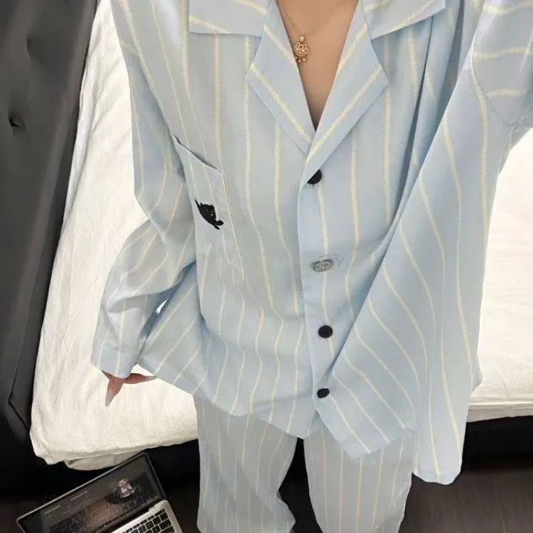 韩版简约甜美条纹高级感睡衣女春秋新款长袖长裤家居服套装可外穿