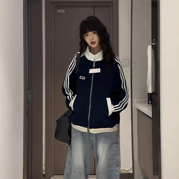 藏青色美式复古条纹外套男款秋季潮牌运动开衫卫衣立领棒球服夹克