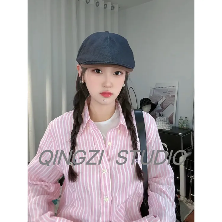 晴子 秋冬复古原浆牛仔拼接前进帽日系文艺大头围显脸小报童帽