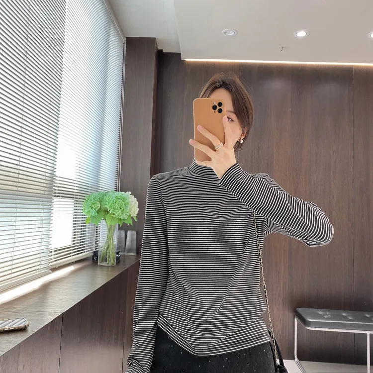 IMFLY金小金自制女装 T恤DYW10271秋冬中领撞色条纹内搭上衣