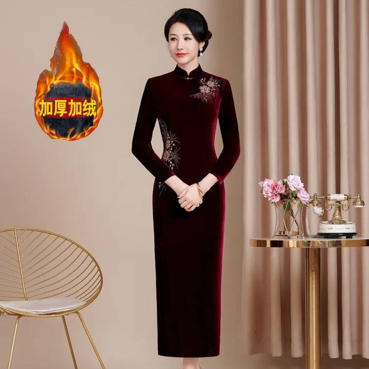 秋冬加绒气质喜婆婆婚礼礼服新中式大码中国风喜妈妈宴会修身礼服