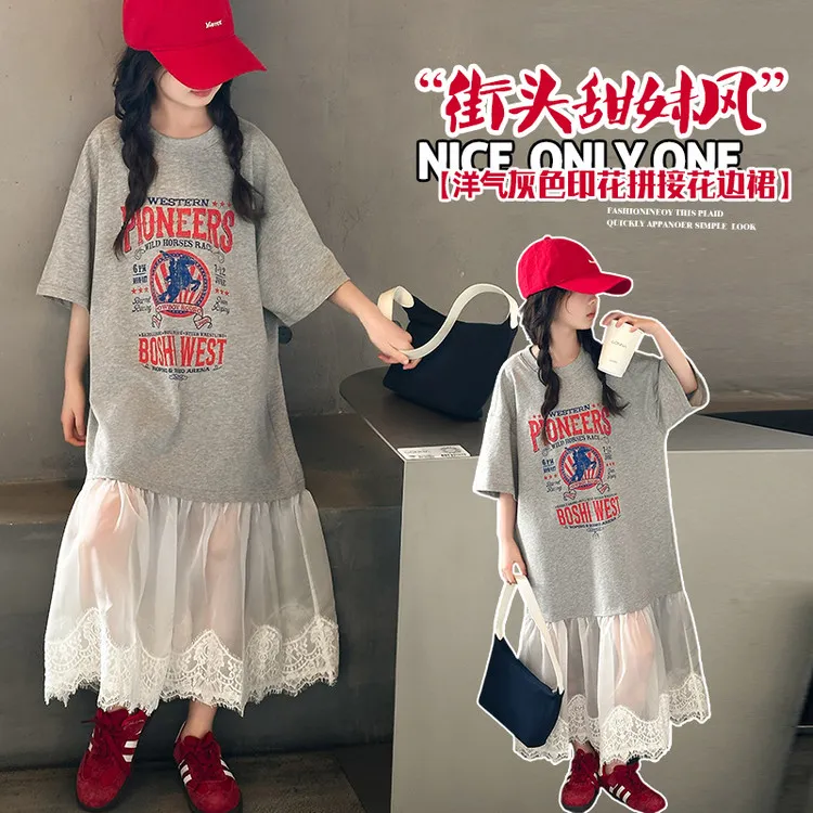 2025夏季新品中大女童甜美猫咪印花立体蝴蝶结蛋糕连衣裙短袖T裙