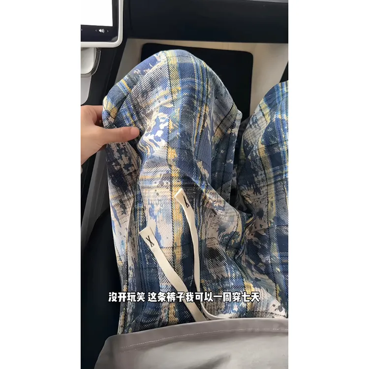 美式扎染格子裤子男款褶皱设计感痞帅直筒阔腿裤vintage休闲长裤