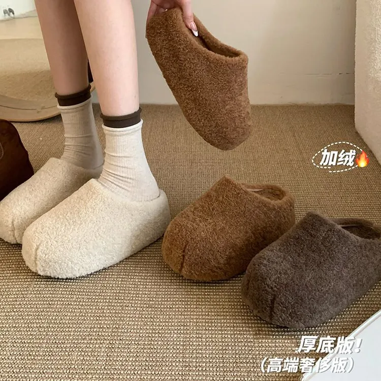 厚底6CM~卡皮巴拉毛毛鞋女秋冬包头棉鞋懒人一脚蹬保暖加绒半拖鞋