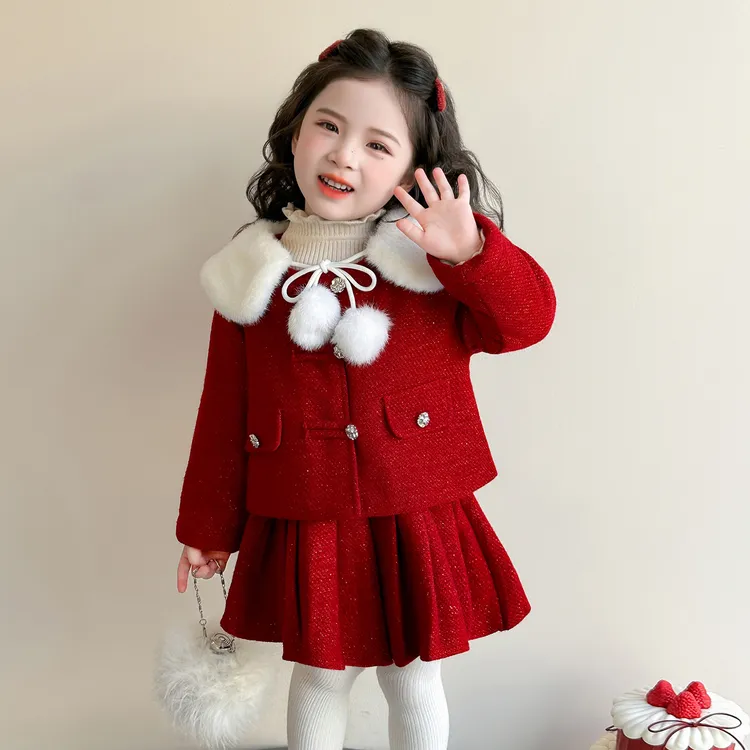 女童加厚小香风套装秋冬款儿童洋气拜年服女宝宝红色公主裙两件套