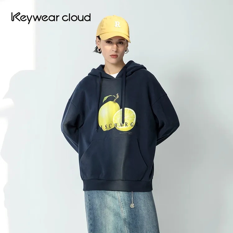 Keywearcloud奇威秋季柠檬图案连帽上衣活力百搭卫衣
