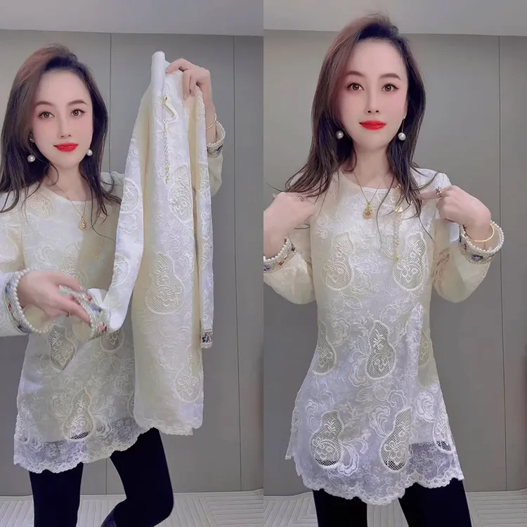 国风时尚百搭宽松显瘦蕾丝女中长款秋冬新款圆领上衣  立即使用