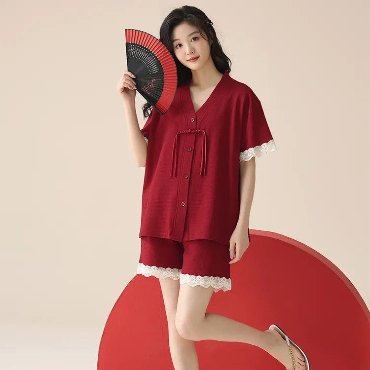 小个子华夫格短袖睡衣女纯棉夏季薄款中式风甜美家居服红色本命年