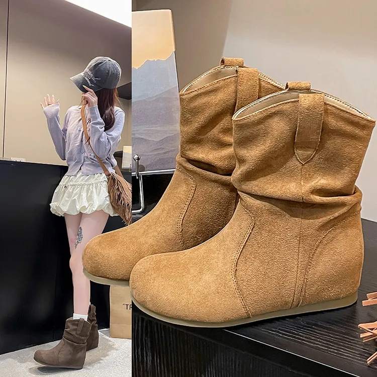 内增高5cm~小个子粗跟厚底翻毛女靴2025秋季上新英伦风软皮小短靴