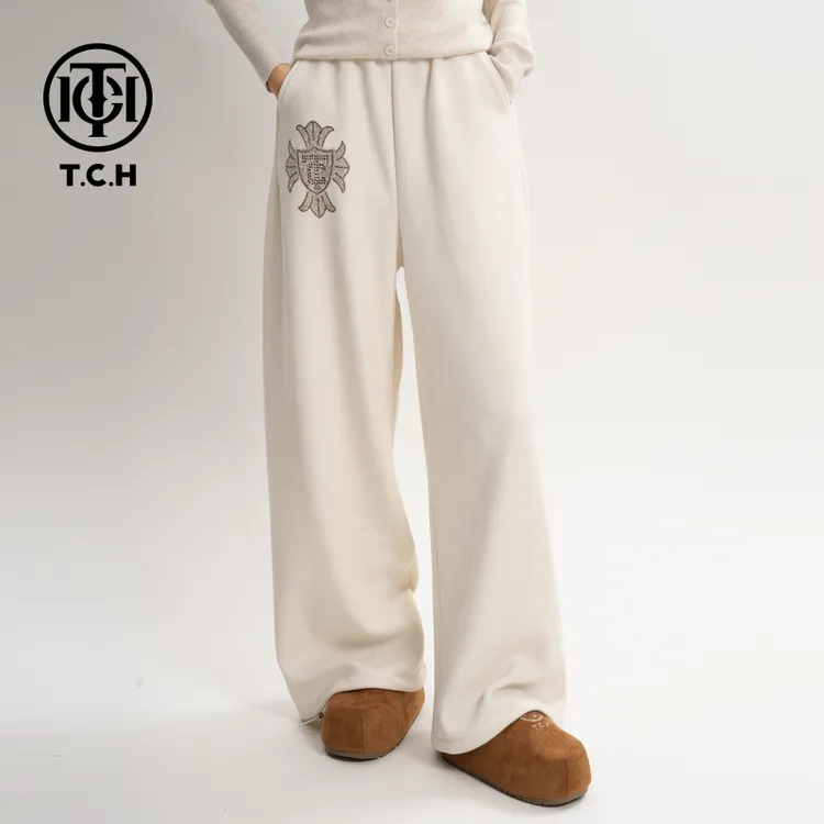 TCH【垂坠感】冬款慵懒风烫钻时尚淑女米黄色休闲裤T75D20E1011