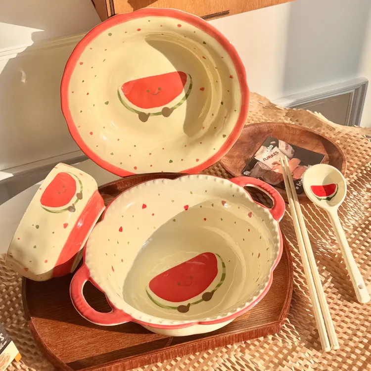 水果可颂西瓜一人食釉下彩少女心陶瓷餐具套装米饭碗盘大汤碗好看
