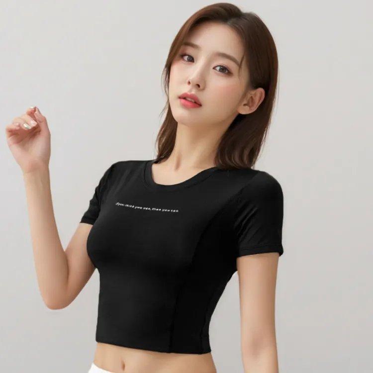 露脐短款紧身健身短袖女速干透气圆领字母点缀运动休闲上衣瑜伽服