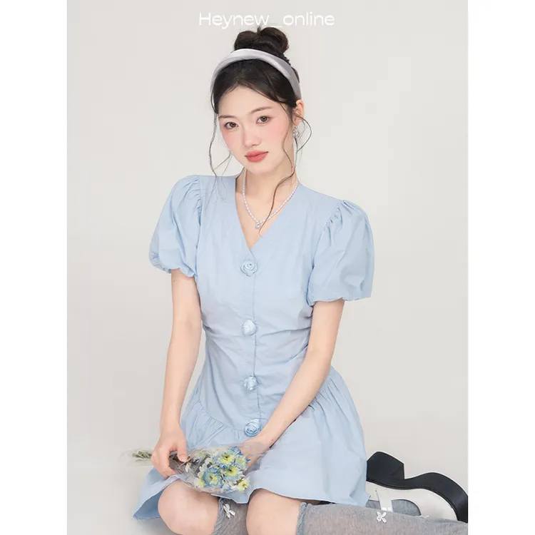 【海盐泡泡】韩系甜美初恋花朵收腰V领气质显瘦恋夏风连衣裙-5C1105