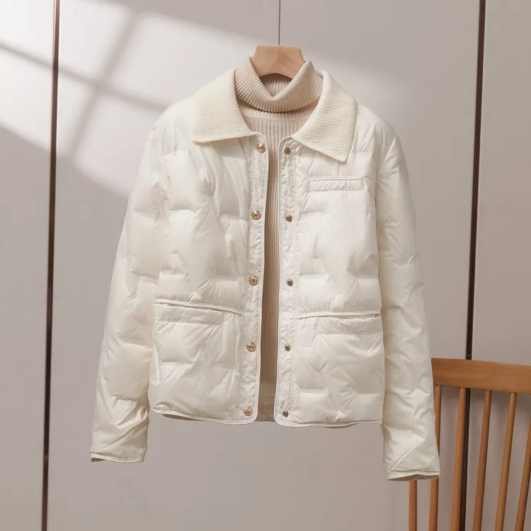 90白鸭绒轻薄羽绒服女短款2025冬季新款针织领小个子百搭保暖外套