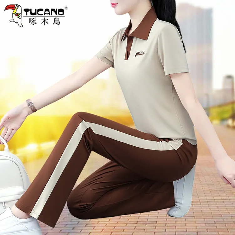 啄木鸟时尚宽松短袖阔腿裤休闲两件套女装2025夏季新款运动服套装