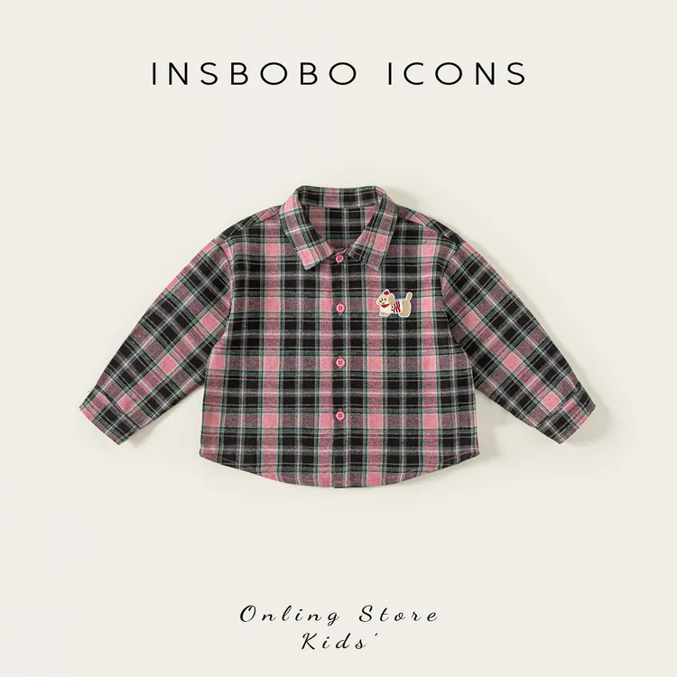 INSbobo儿童百搭衬衣秋季新品经典格子可爱动物绣花标衬衣QY25029