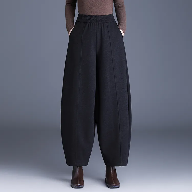 灰色羊 绒阔腿弯刀裤女2025秋冬季新款加厚宽松显瘦松紧腰灯笼裤