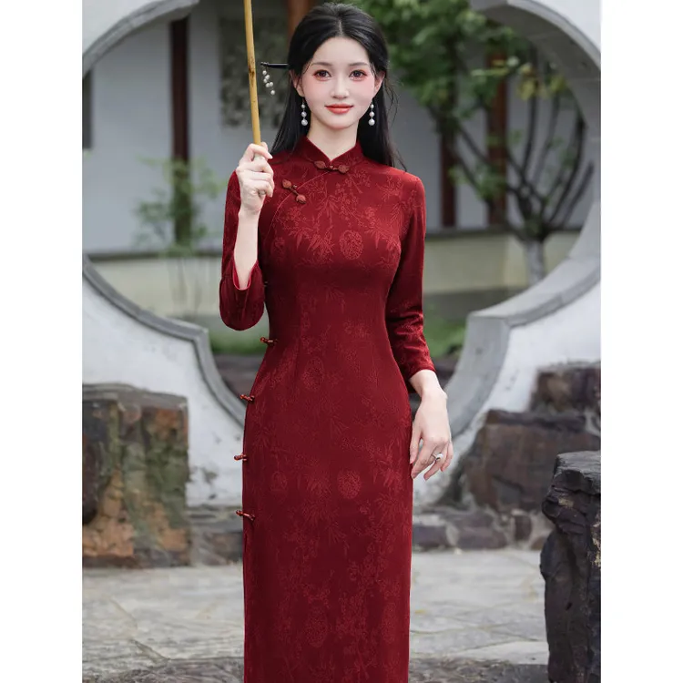 安哥拉红色国风中长款秋季长袖旗袍日常年轻款女复古修身春秋8240