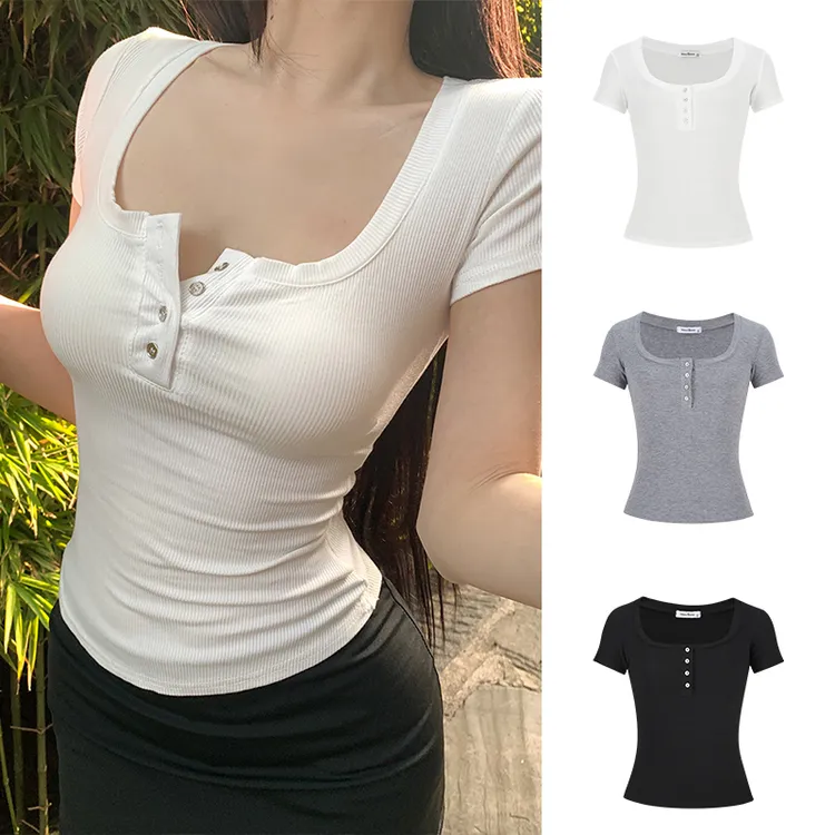 Moses Queen/魔西女王纯欲性感辣妹低胸短款T恤女极简风收腰上衣