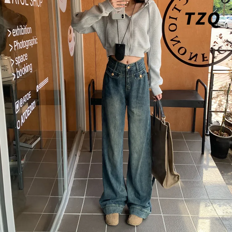 复古水洗高腰阔腿牛仔裤女春季新款百搭宽松显瘦拖地裤TZQ2522316