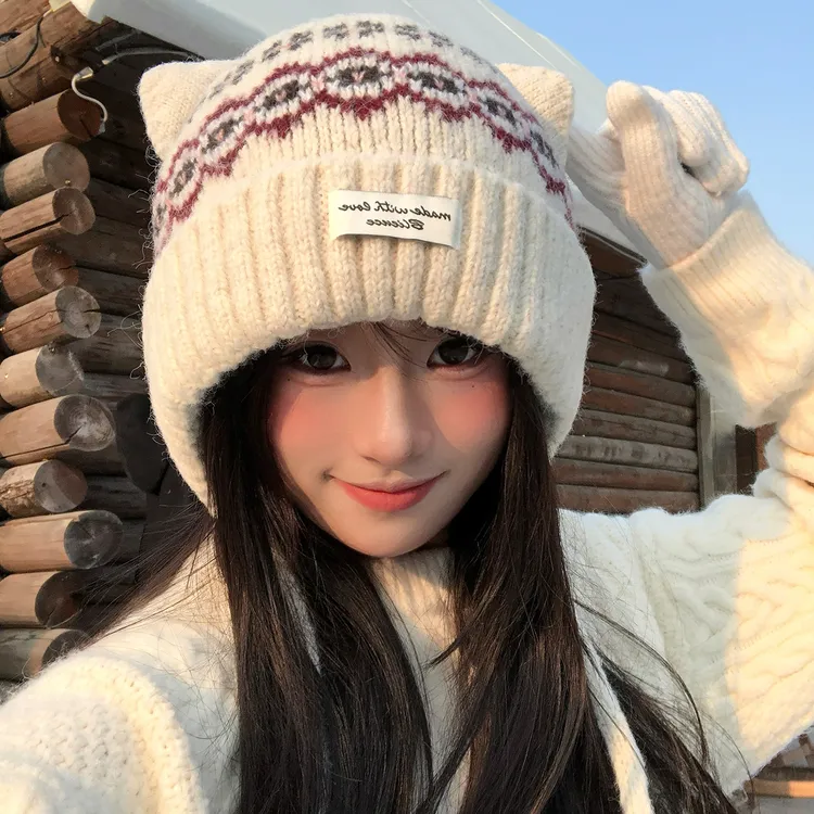 复古提花猫耳朵毛线帽女冬季费尔岛风保暖护耳大头围帽子针织冷帽