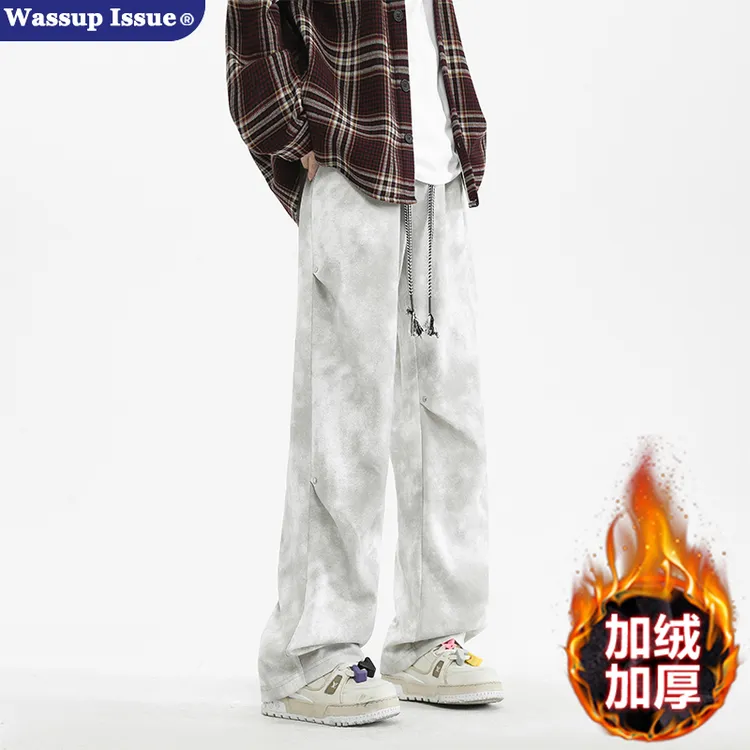 WASSUP ISSUE脏脏裤子男款冬季加绒美式灰色卫裤高街运动裤休闲裤