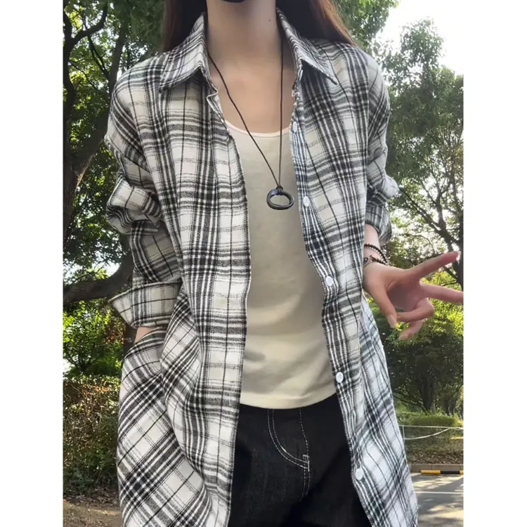 白色格子长袖衬衫男初秋穿搭美式高级感痞帅衬衣cleanfit大码外套