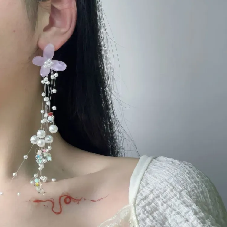 铜合金锆石耳饰 海边度假风花朵流苏长款耳环时尚优雅淑女气质别