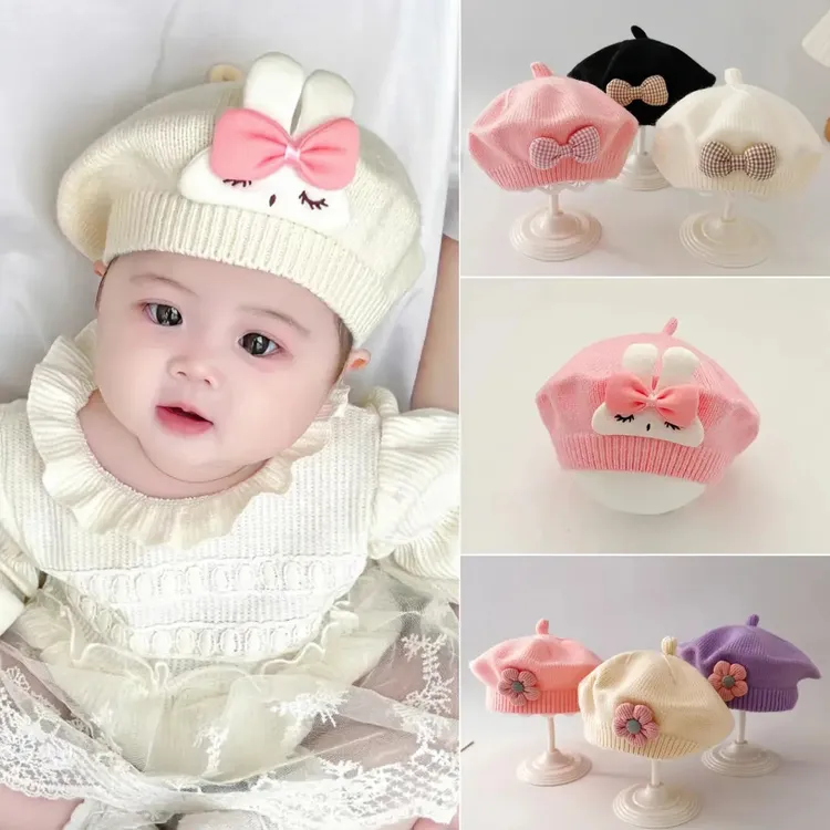婴儿帽子春款女宝宝贝雷帽新生幼儿毛线儿童针织公主可爱超萌潮